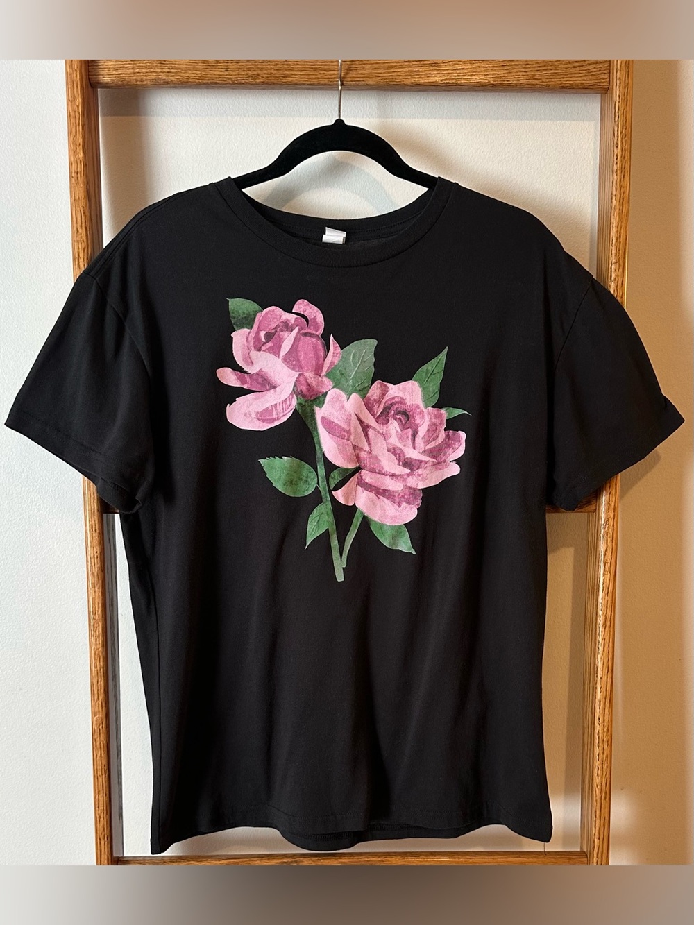Black Floral Graphic Tee with Pink Roses